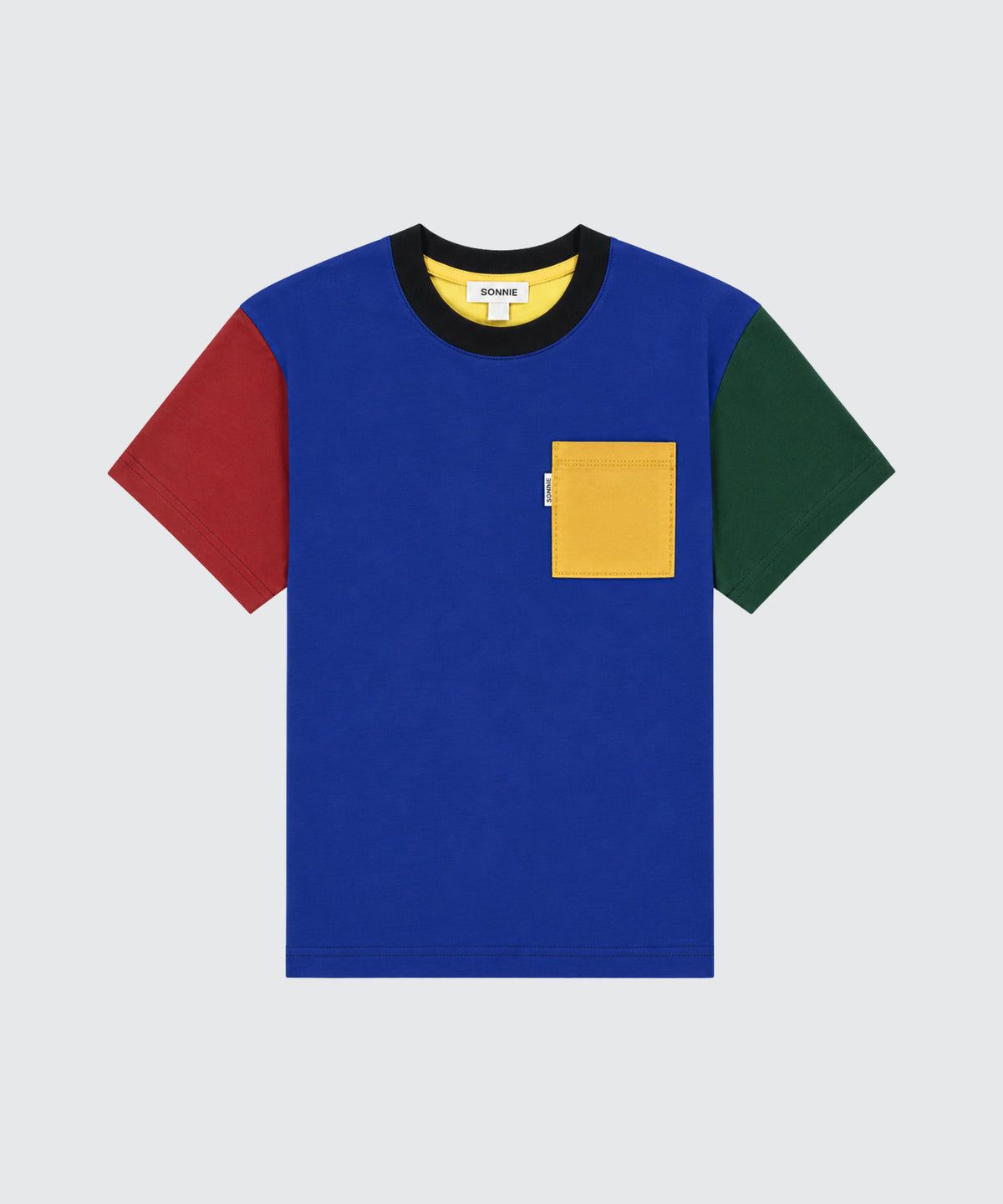 SONNIE Colour Block Pocket Tee in Team Red, Cobalt Blue, Sunshine Yellow, Ink and Varsity Green