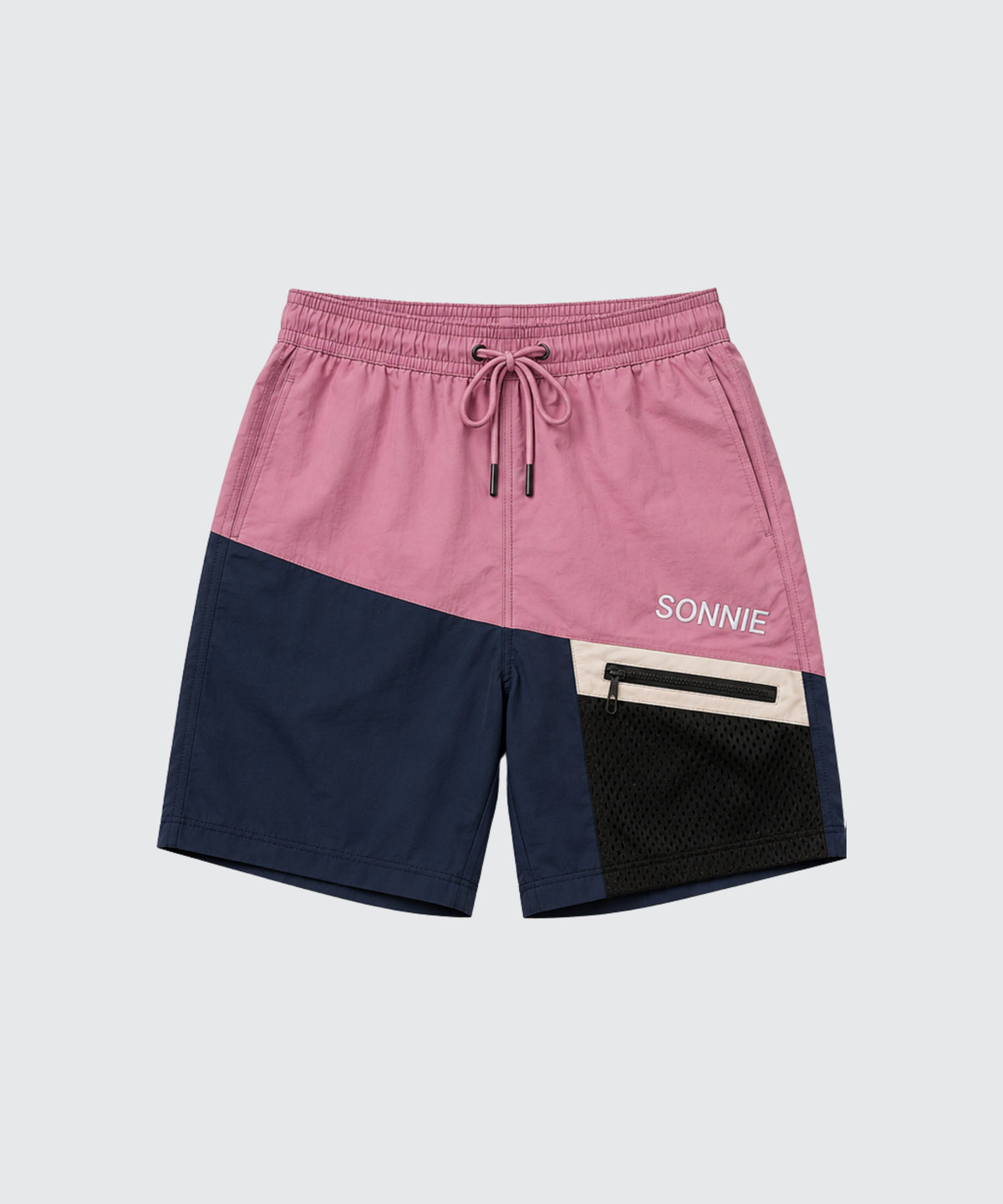 SONNIE Nylon Zip Shorts in Pink, Cream and Ink, front
